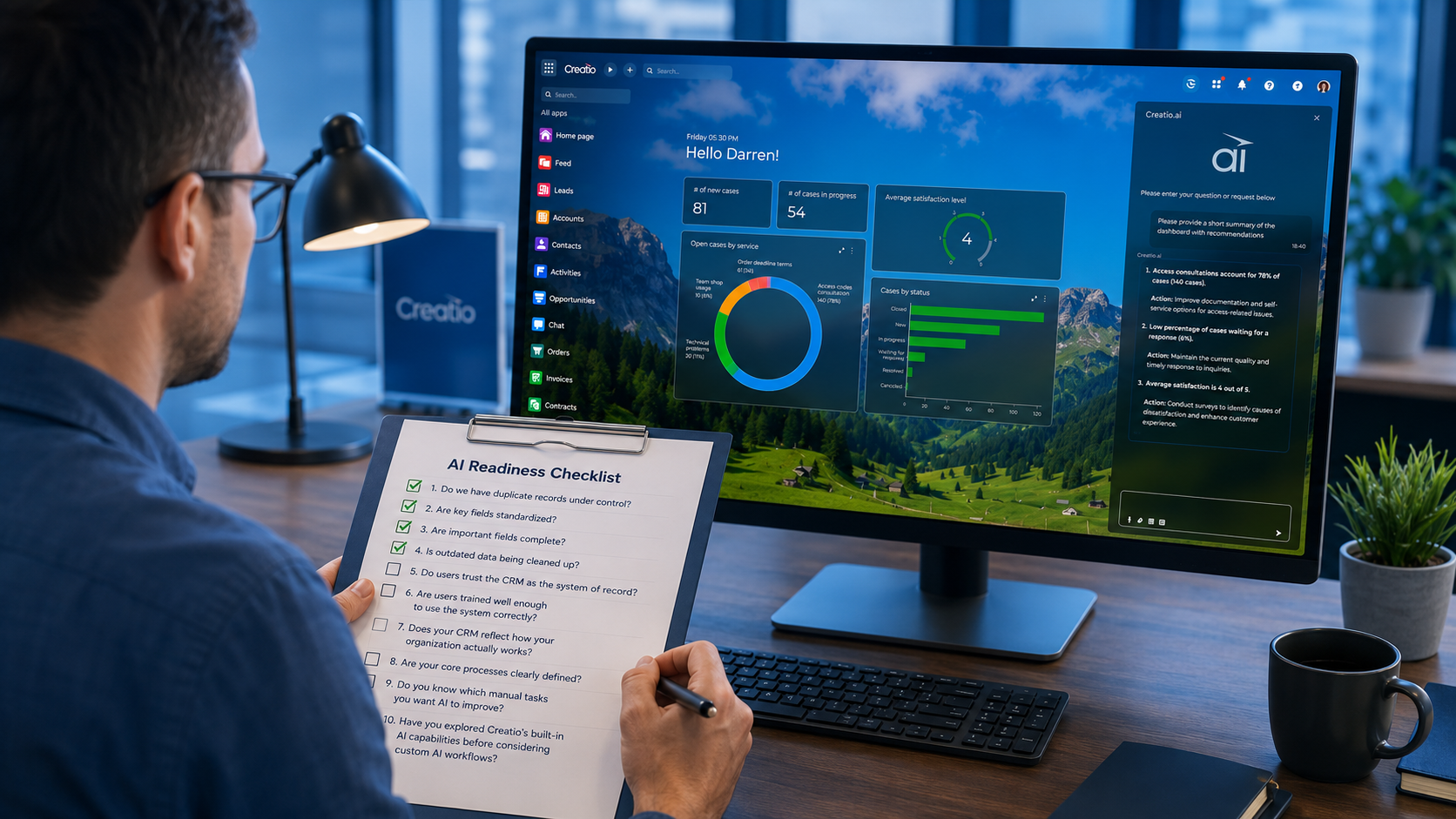 Employee reviewing a partially completed AI readiness checklist while working in Creatio.ai on a desktop monitor.